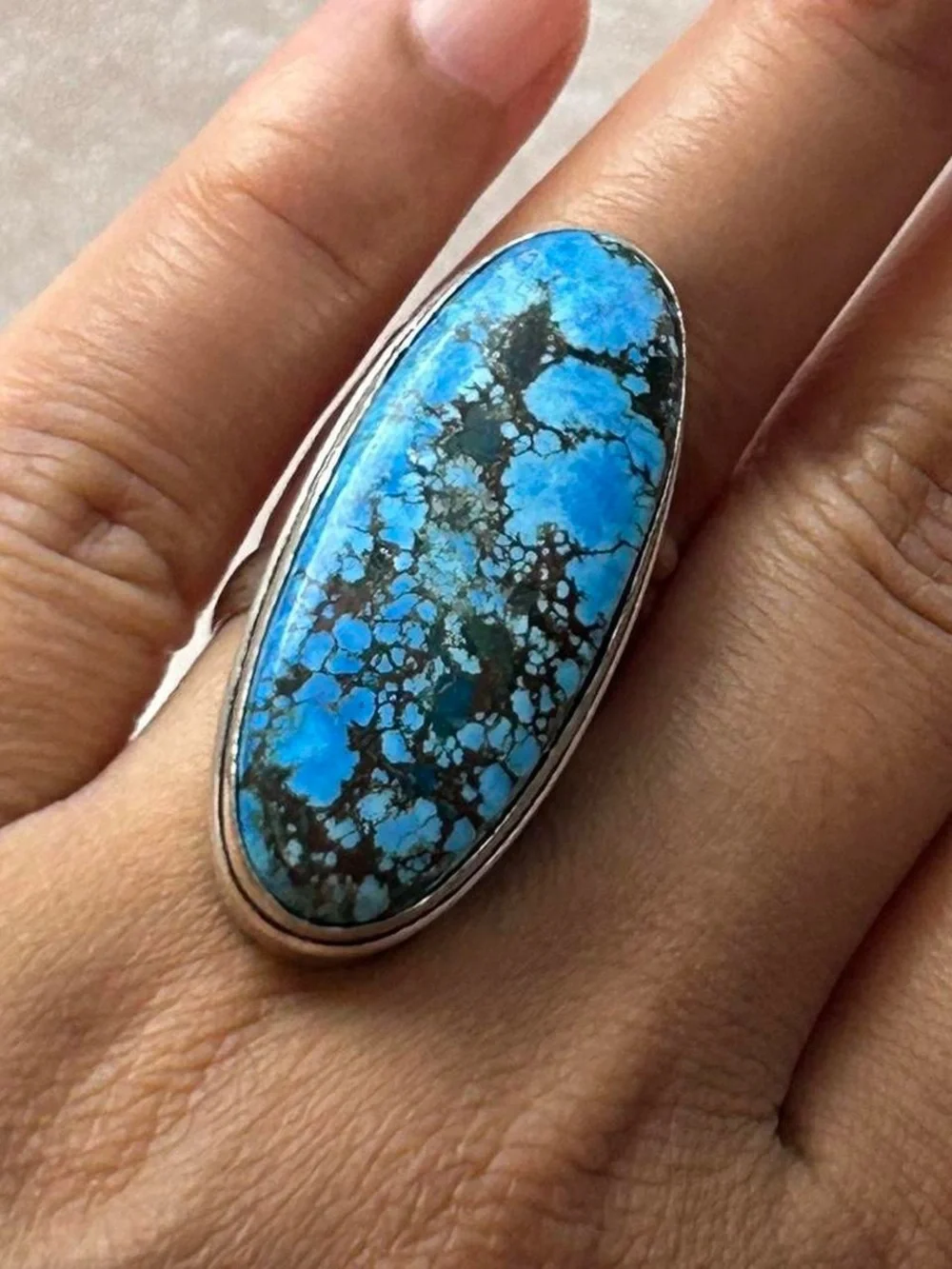 925 Silver Blue Turquoise Oval Statement Ring - Women Jewelry